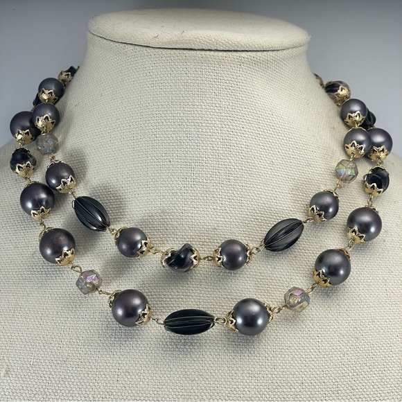 Vintage Hong Kong Gold Tone Gray Acrylic Beaded Two Layer Necklace Classic